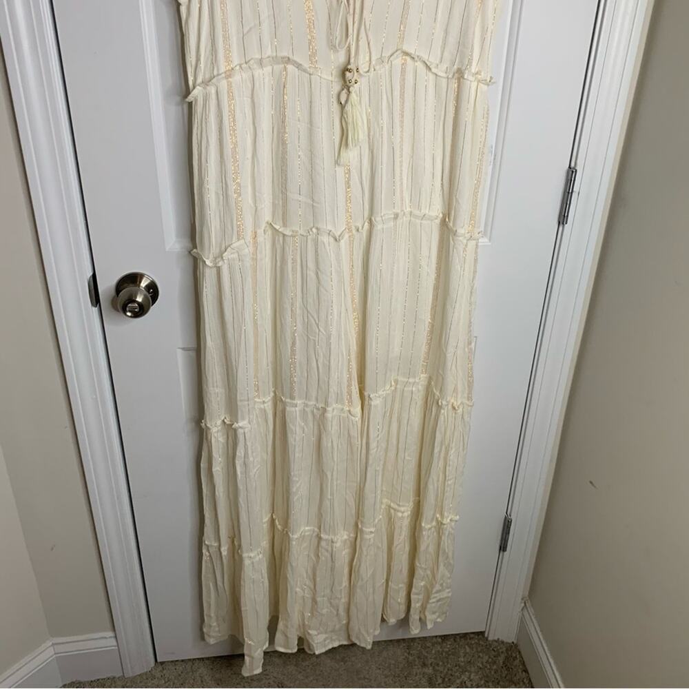 Anthropologie Raga white ivory tiered metallic striped wide leg jumpsuit large - Picture 8 of 12